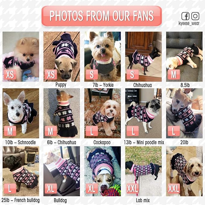 KYEESE Dog Sweater for Small Dogs Fall Winter Dogs Clothes Warm Pet Coats Turtleneck Knit for Girl Pet Sweater with Leash Hole Dog Sweater Dress with Classic Snow flake Pattern, Girl Navyblue, X-Small
