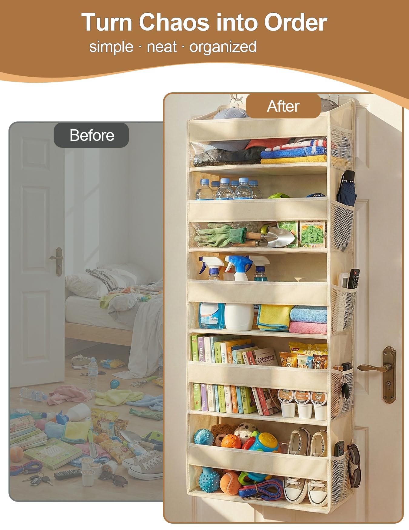 Hasosodo Over the Door Organizer 5-Shelf Closet Hanging Storage with 10 Mesh Pockets, 50 lbs Weight Capacity Door Organizer Hanging for Bathroom, Bedroom, Baby Nursery and Pantry, Ivory
