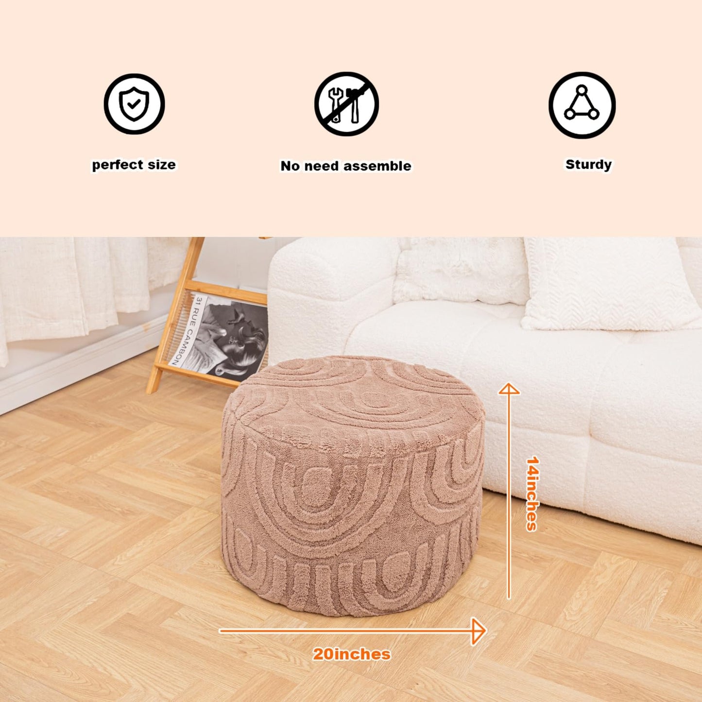 Beawelkomjo Round Plush Ottoman Pouf Stuffed– Fluffy Ottoman Foot Rest with Modern Foam Filler 20" x 14" Cozy Floor Pouf for Living Room & Bedroom