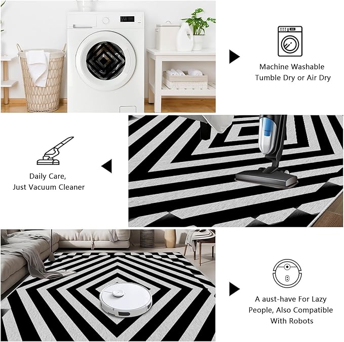 Black and White Rug 4x6, Checkered Soft Thin Indoor Floor Mats Carpet, Non-Slip Stain Resistant Washable Rugs, Modern Rhombus Geometric Rugs for Living Room, Farmhouse Rug