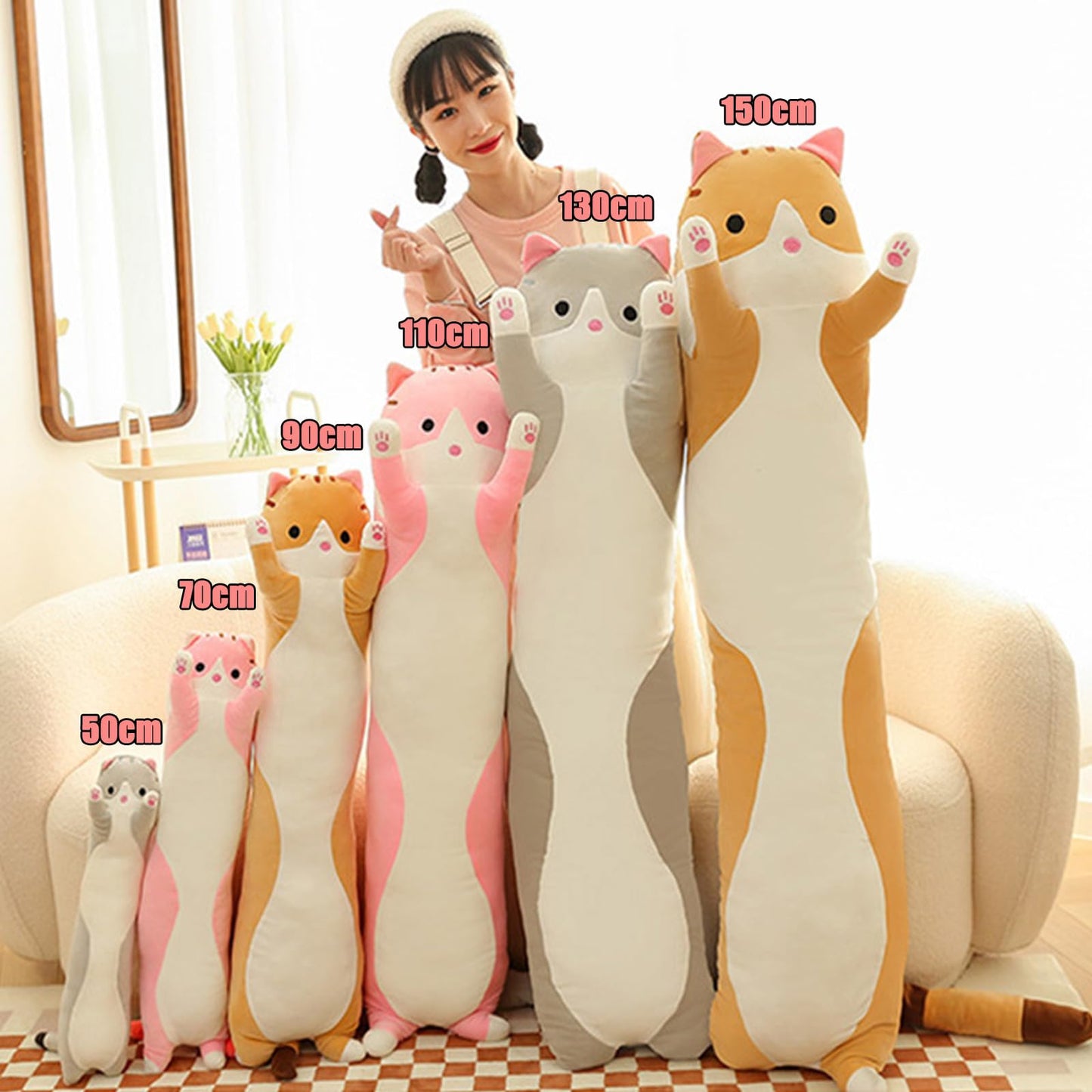 Long Cat Plush Pillow Soft Cat Hugging Pillow Stuffed Animal Pillow Cute Kitty Sleeping Throw Pillow Gift for Kids(70cm/27.55inch,Pink