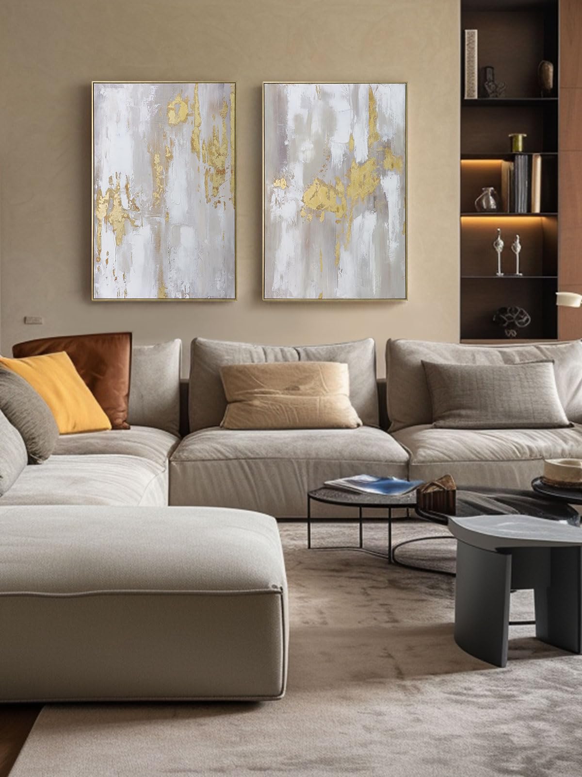 Modern Gold and Neutral Abstract Wall Art - 24x36 inch x 2, Framed Canvas Artworks - Contemporary Décor for living room,bedroom
