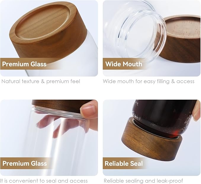 Zoaiirte 2-Pack 13 oz Glass Mason Jars with Acacia Wood Lids - Sealable, Leakproof, Clear & Stackable Food Storage Containers for Spices, Meal Prep, Flour, Sugar & Snack Storage