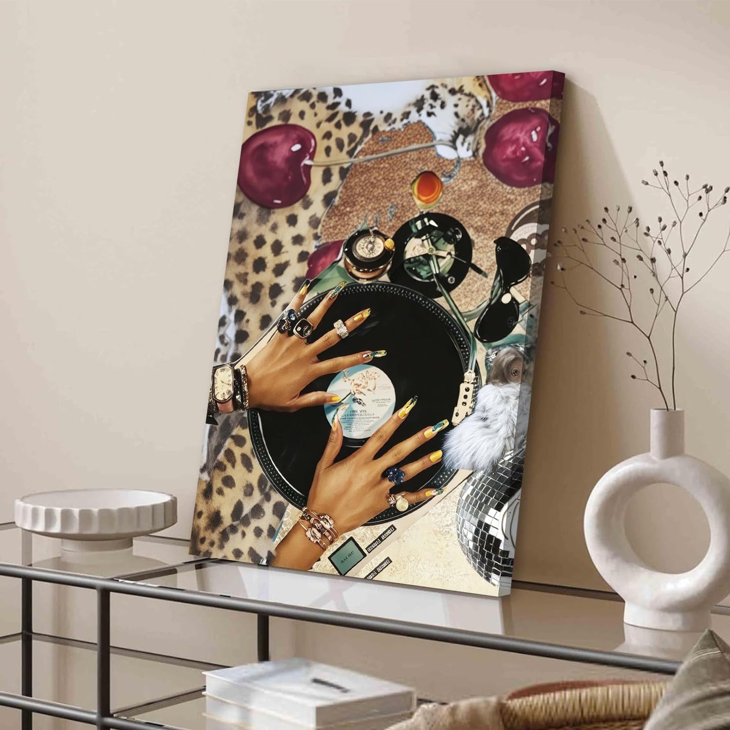 Fashion Cheetah Wall Art Set of 3 Leopard Wall Decor Pictures Lucky 8 Ball Poster Canvas Painting Prints Dark Red Cheetah Artwork for Bedroom Living Room Framed 12x16 inch