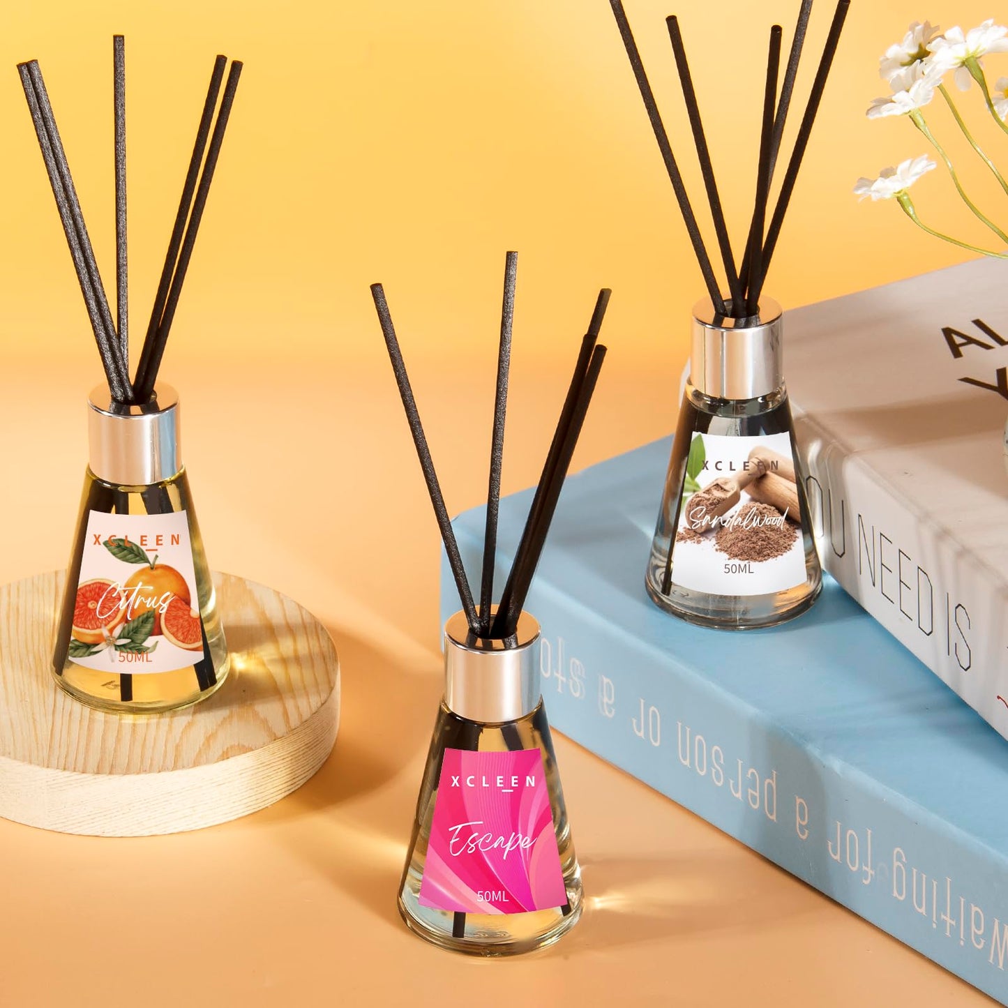 Xcleen Reed Diffuser of 3 Pack, Escape/Citrus/Sandalwood, Scented Diffuser with 15 Fiber Sticks, Home Fragrance Oil Diffuser, Air Freshener for Bathroom & Bedroom, Each 1.7Fl Oz, Total 5.1Oz