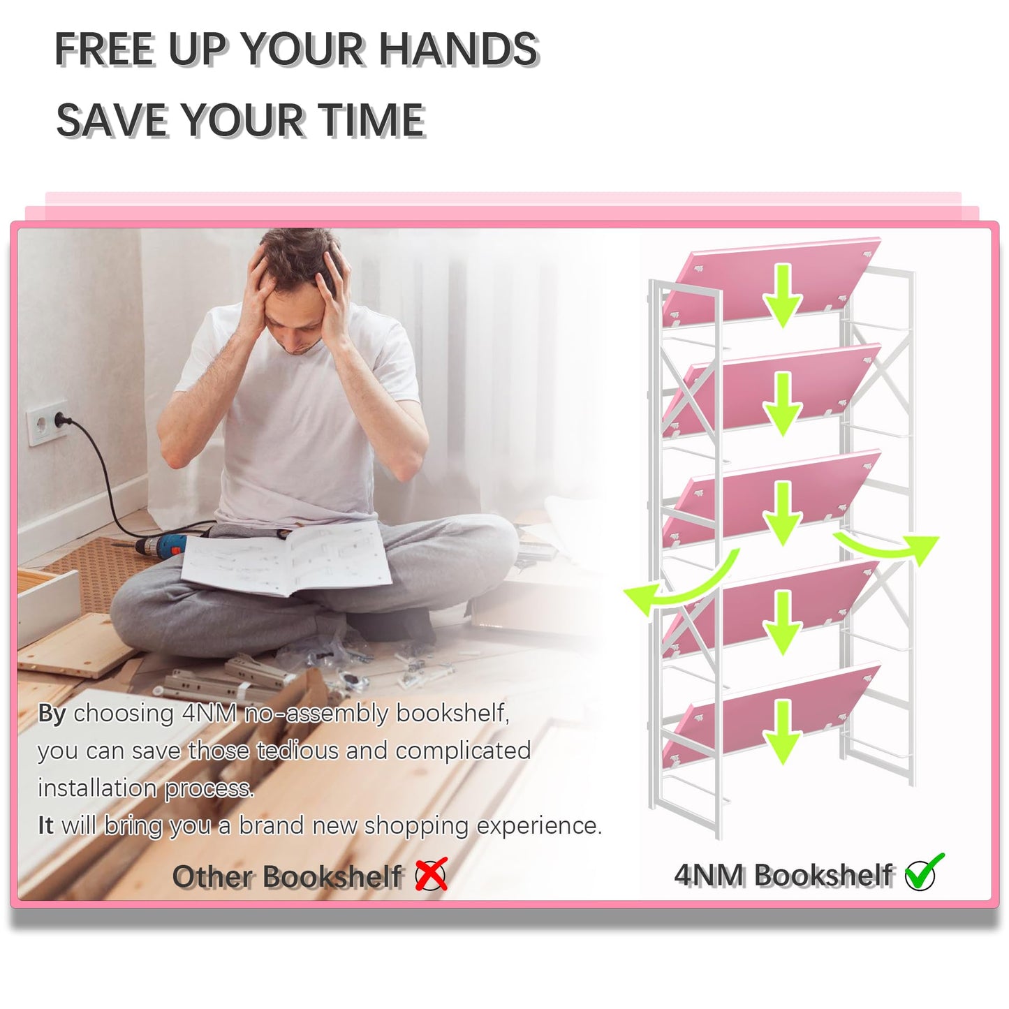 4NM 5 Tiers No Assembly Book Shelves, 51.2" H Folding Bookshelf Bookcase Open Industrial Foldable Shelves for Bedroom, Living Room, Home Office - Pink White