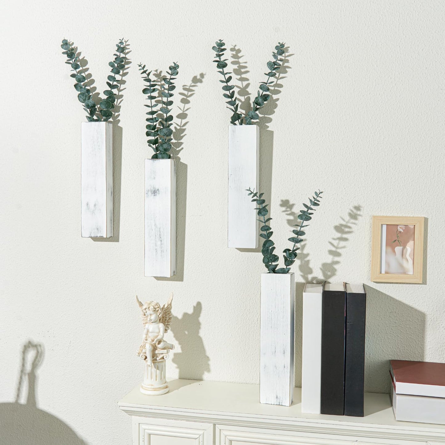 4 Pack Wood Wall Planters with 8 Pcs Artificial Eucalyptus, Plant Wall Decor for Living Room, Bedroom, Bathroom, Office, Wall Hanging Decor Wall Vase with Faux Plants, Rustic White