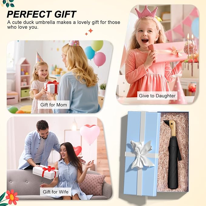 Duck Handle Umbrella Kids - Compact Portable Folding Lightweight Small Strong Wooden Duck Windproof Travel Umbrella for Kids Gifts