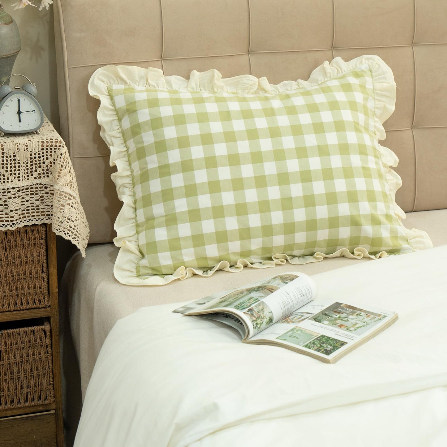 GLORY SEASON Pillow Shams Set of 2 Yarn-Dyed Pure Cotton Retro Ruffle Flounces Trim Green Check Decorative Pillow Cases for Home Bedroom Decor Standard 20x26 Inch