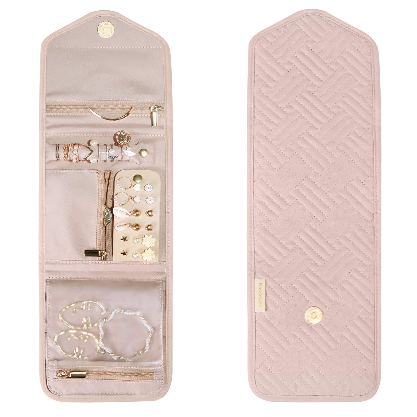 BAGSMART Travel Jewelry Organizer Case Foldable Small Jewelry Roll for Journey Rings, Necklaces, Earrings, Bracelets,Mini,Soft Pink