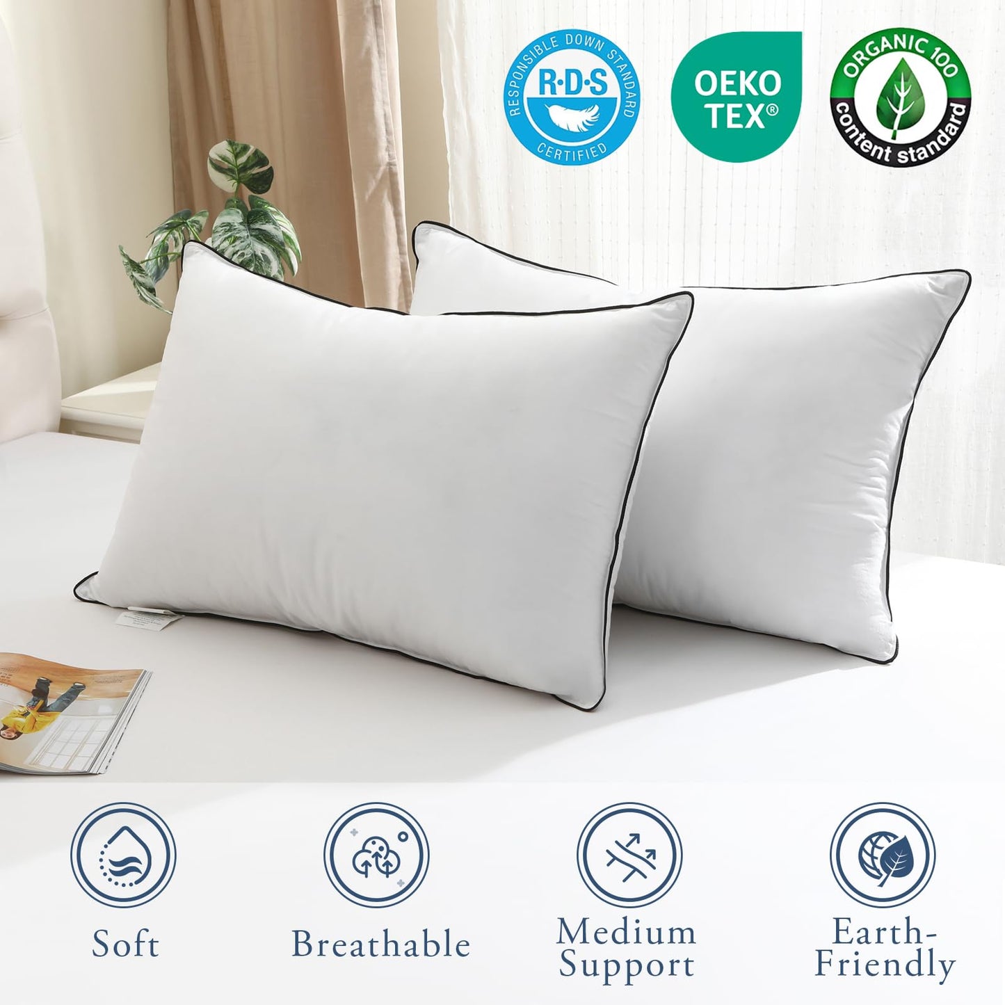 BPC Luxury Hotel Goose Feather Down Pillows Queen Size Set of 2, Medium Firm Bed Pillows for Sleeping, Organic Cotton Cover, Soft Yet Supportive Down Alternative Surround, RDS Certified, White 20"x30"