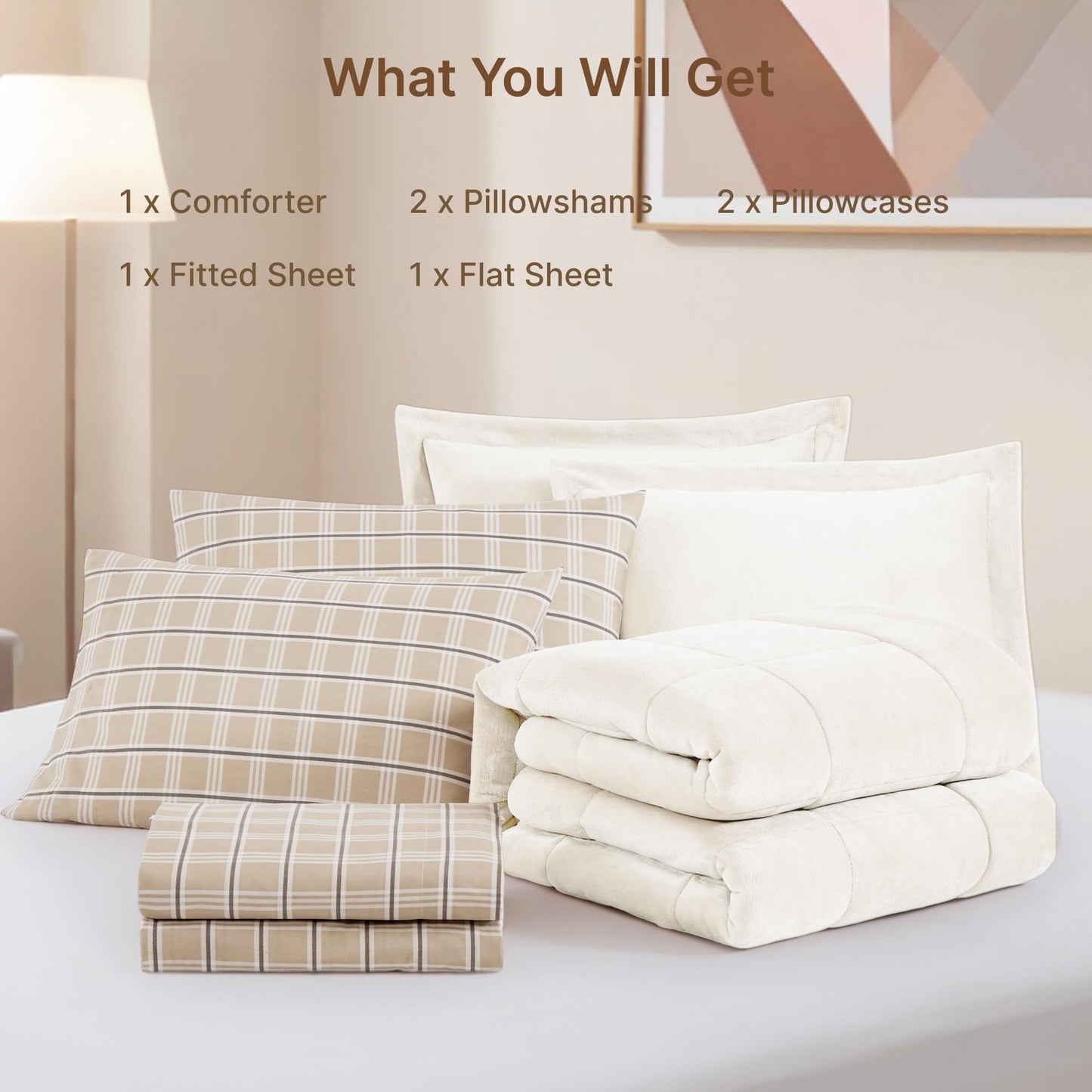 AMBERSPACE Plush Comforter Set Full Size Cream White, Flannel Velvet Comforter Sets 7 Pieces Bed in a Bag, Soft Warm Winter Bedding Set with Sheets, Pillowcases & Shams