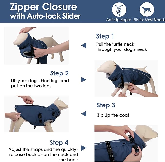 AOFITEE Dog Coat, Warm Dog Jacket Winter, Waterproof Dogs Winter Coat with Harness & Zipper, Reflective Turtleneck Fleece Pet Puffer Jacket Snowsuit for Jack Russel, Boston Terrier, Blue M