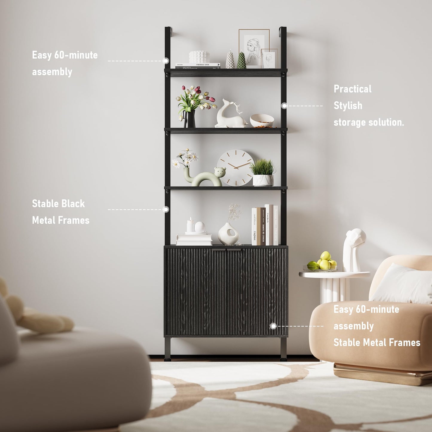 INNOD 74" Tall Bookshelf with Storage Cabinet, Modern Ladder Shelf with Wood and Metal Frame, Wall Mount Bookcase Open Display Shelf Furniture for Living Room, Bedroom, Home Office,Black
