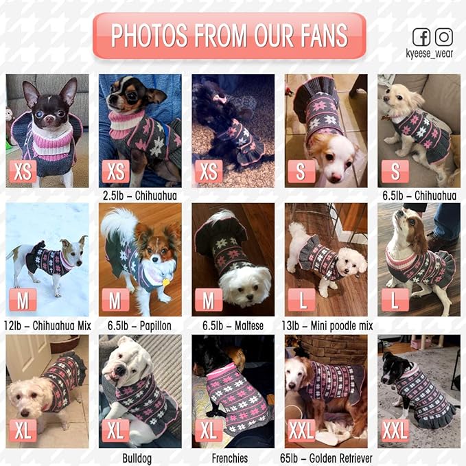 KYEESE Dog Sweater Warm Dogs Clothes Fall Winter Pet Coats Dog Sweater Dress with Classic Snowflake Pattern for Small Dogs Turtleneck Pullover Knit for Girl Pet Sweater with Leash Hole, Grey, Medium