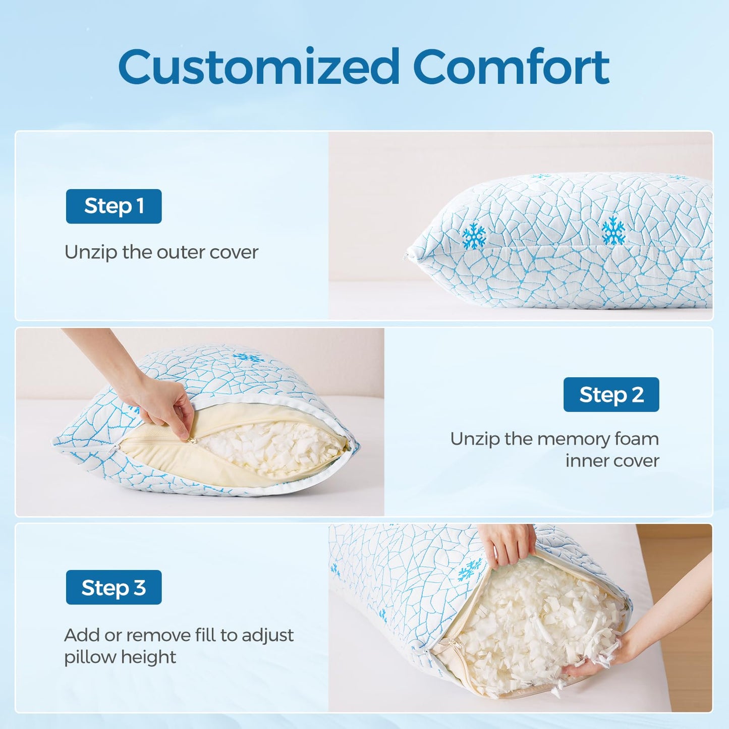 COSYTREE Pillows Queen Size 2 Pack Shredded Memory Foam, Adjustable Height Side Sleepers Pillow with Washable Cover for Back and Stomach Sleepers (Queen(2 Pack))