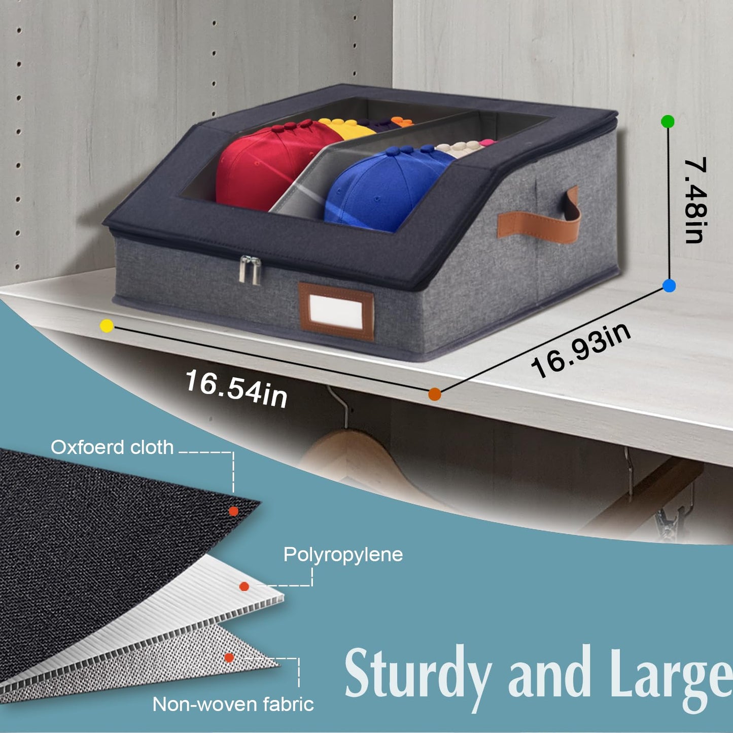 HISULIV 2-in-1 Hat Organizer for Baseball Caps Holds 48-60 Caps Hat Storage with Adjustable Divider Stackable Hats Holder for Closet with Clear lid Cowboy Hat Box for Men Women 2 PCS Black and Grey