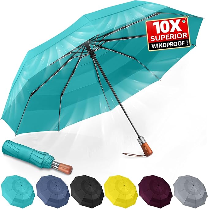 Umbrellas for Rain, 47" Large Windproof Travel Umbrella, Triple-Layer Vented Canopy, 10 Fiberglass Ribs, Auto Open Close Compact Umbrella, Wooden Handle, Heavy Duty for Commute, Gifts for Men & Women