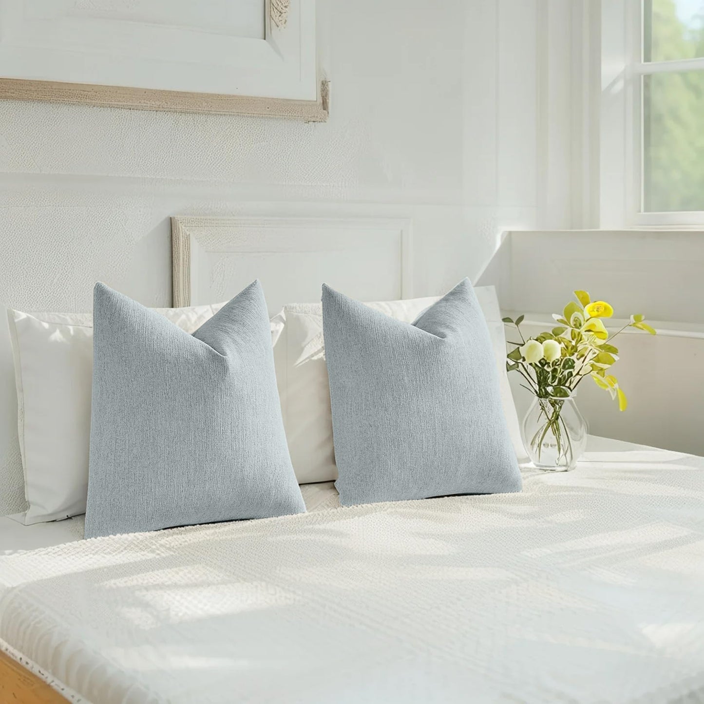 HAUSSY Pack of 2 Faux Linen Pillow Covers 18x18 Inch, Decorative Throw Pillows Soft Boho Neutral Cushion Covers Home Decor Modern Pillow Cases for Couch Living Room Sofa Bed, Dusty Blue (Covers Only)