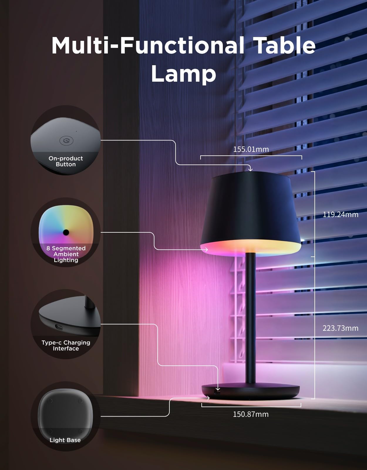 Govee Smart Cordless Table Lamp Classic (No Adapter), RGBIC Rechargeable Table Lamp for Bedroom, Living Room, Portable Desk Lamp Works with Matter, LED Bedside Lamp with 72 Scenes Modes, Timer, 500lm