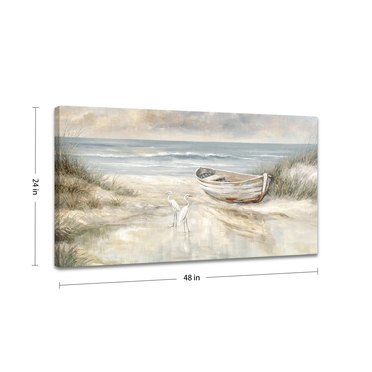 SENROLAN Coastal Wall Art for Living Room, Horizontal Seascape Canvas Wall Art with Boat and Birds, Neutral Ocean Picture for Bedroom, Large Beach Wall Decor, Ready to Hang, 24x48 Inch