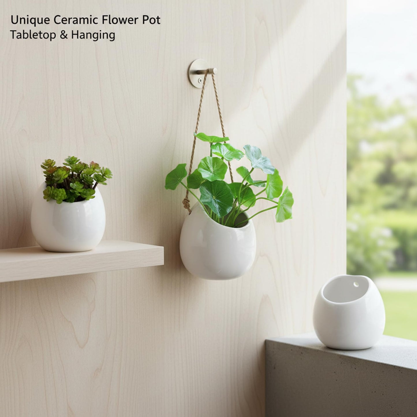 Tsawntd 2-Pack Ceramic Wall Planter with Hanging Hole Modern Hanging Plant Pot for Succulents and Small Plants Indoor Home Decor Planter, White Wall Mount