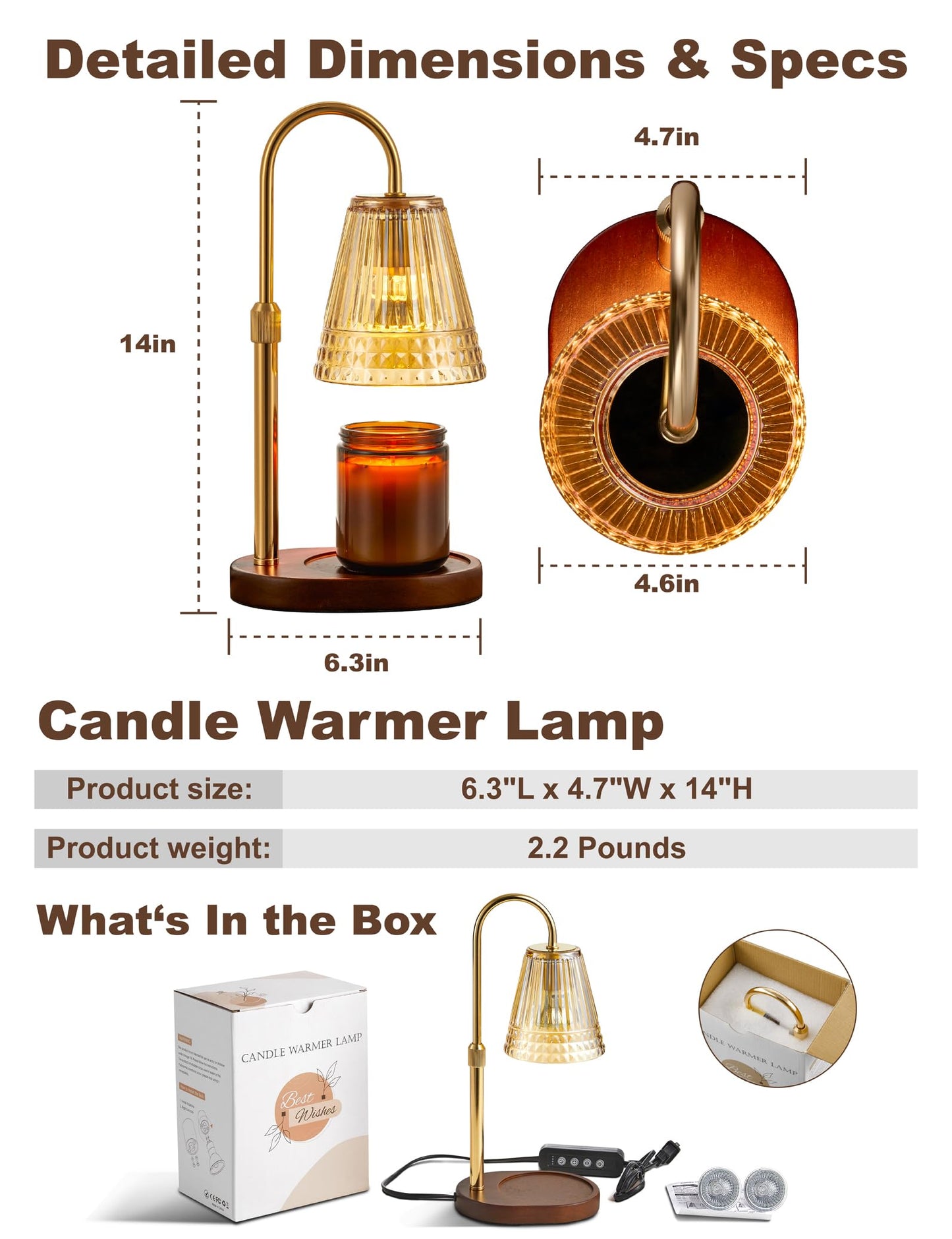 Candle Warmer Lamp with Dimmer & Timer,Adjustable Height for Jar Candles, Birthday Gifts for Mom Women Sister, Housewarming for New Home Decor, Wax Warmer for Jar Candles with 2 Bulbs (Amber-gold)