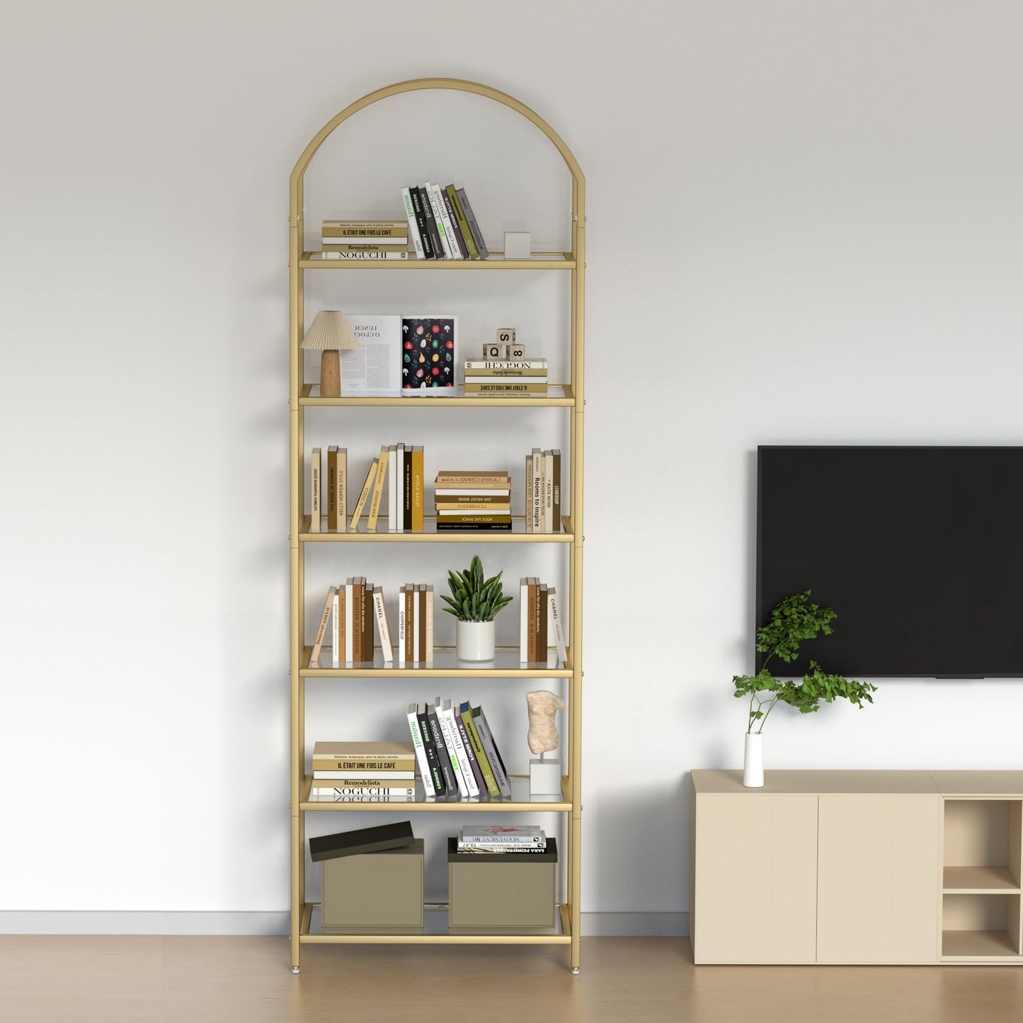 Homhedy Bookshelf Arched Display Racks,Metal Bookcase,Tempered Glass Shelves,Storage Rack Shelf for Home Office,Living Room,Bedroom, Bathroom,Modern Style (Golden, 11.8" D x 23.6" W x 73.6" H)