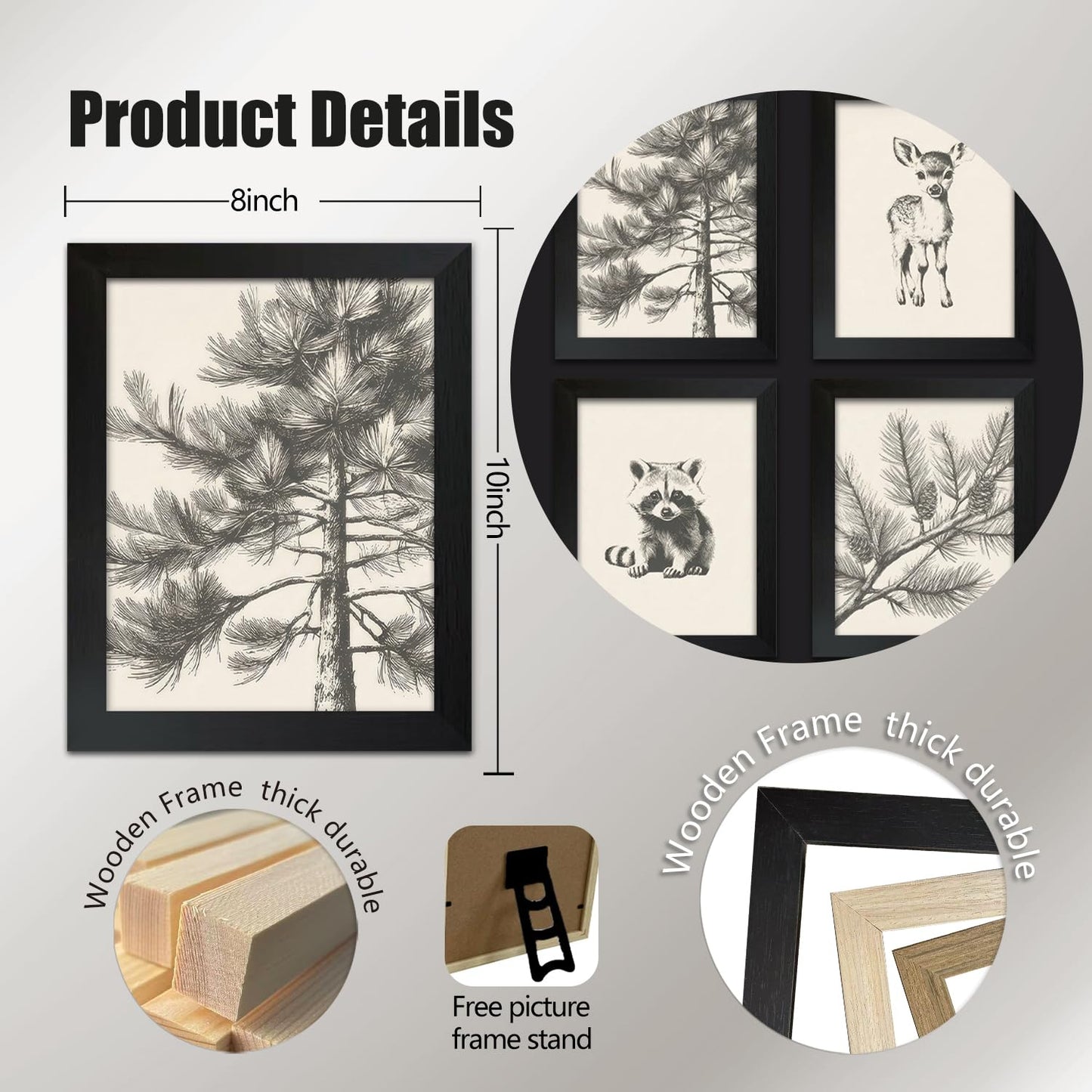 4Pcs Framed Wall Art Set Forest Animal Sketches on Canvas Nature Inspired Gallery Grade Artwork Ideal for Living Rooms Bedrooms and Children's Rooms 8x10 Ready to Hang