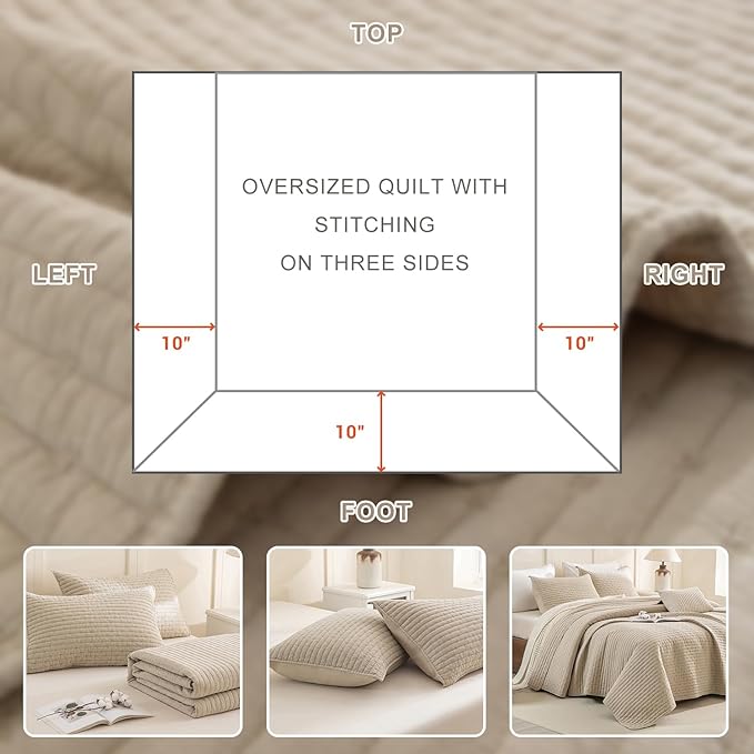 Sanracie Cotton Oversized King Bedspread(128"x120"), Soft Dark Wheat Color Stonewashed Extra Large Wide Oversized Quilt Sets Cross Stitch Lightweight Crinkle Coverlet Set 3Pcs for All Season