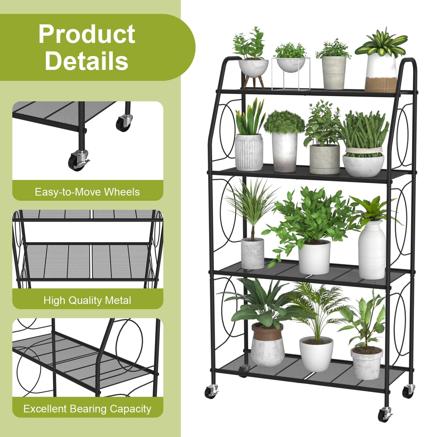 VyGrow 4 Tier Plant Stand with Wheels, Plant Shelf for Indoor Outdoor, Heavy Duty Metal Tall Plant Stands Holder Rack for Living Room Balcony and Garden, Black