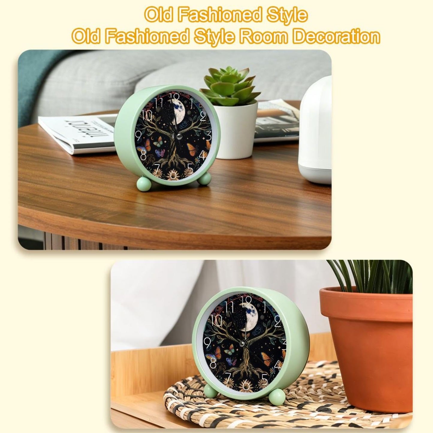 IROLSKDNFH 4.3" Decorative No Ticking Analog Alarm Clock, Battery Operated Desk Clock with Light, Easy to Set, for Bedroom, Kids, Seniors, Moon Phase Tree of Life Nature Flower Plant Butterfly