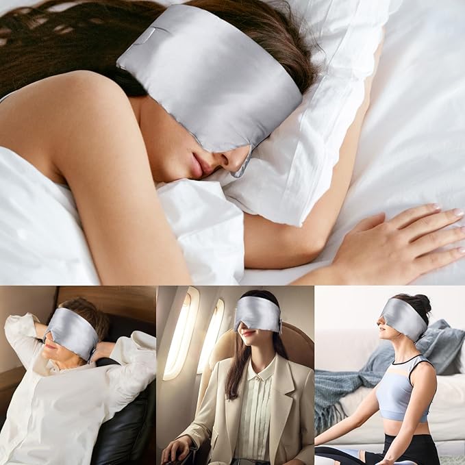 Mulberry Silk Sleep Mask for Women Men, Blackout Eye Mask for Sleeping for Side and Back Sleepers with Adjustable Wide Band, Comfortable Soft Pressureless Eye Cover for Sleeping in Large Size