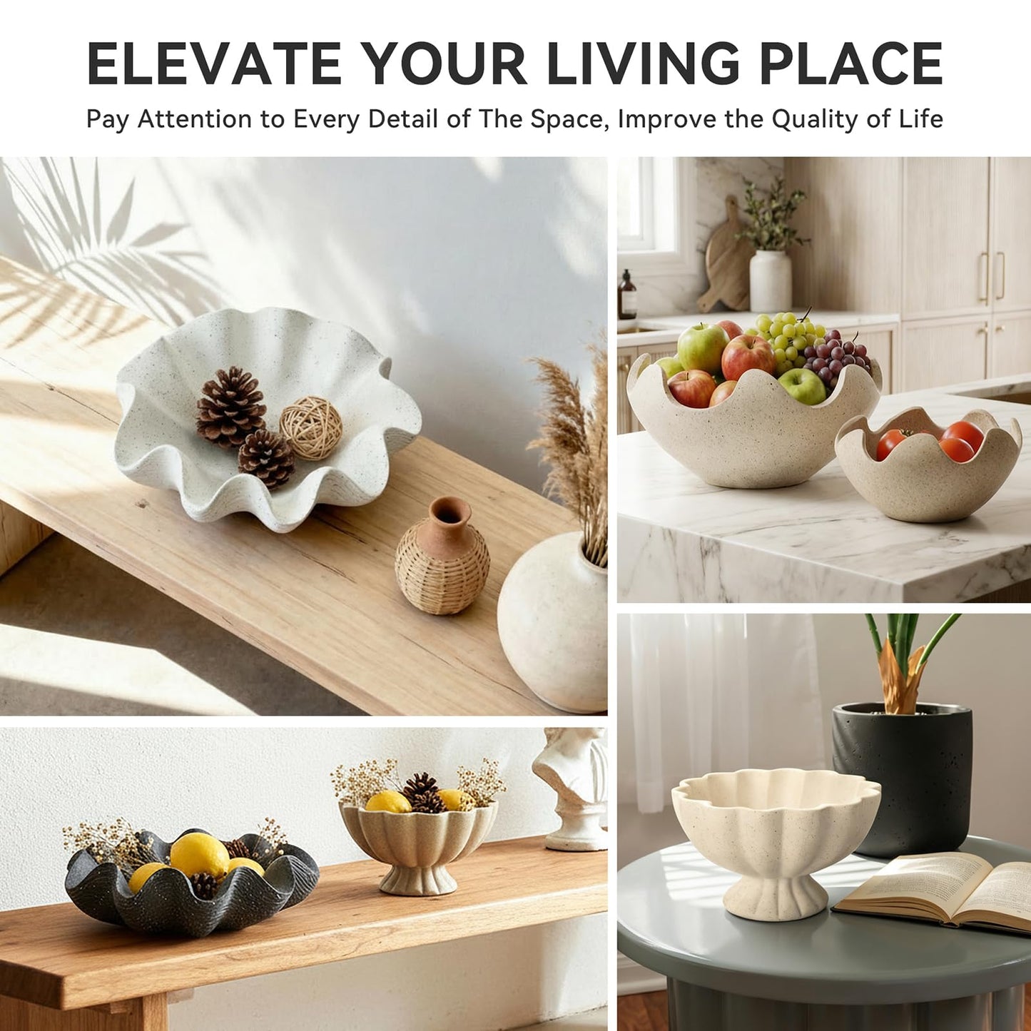 KEWOOL Scalloped Decorative Bowl Home Decor - 12.6" Modern Handicraft Large Shell Ruffle Decorative Fruit Bowl for Kitchen Counter, Chic Key Tray for Entryway Table, Artificial Stone Beige
