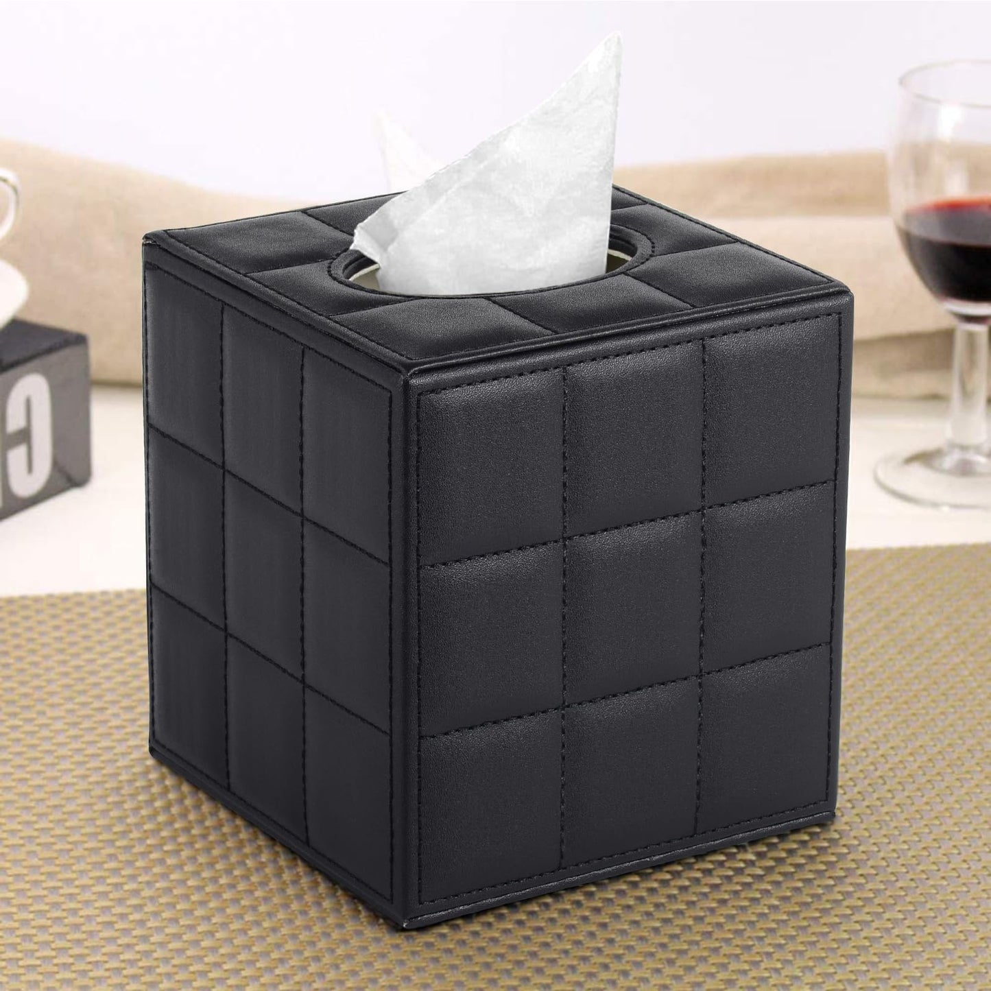 XNONE Tissue Box Cover Square Tissue Box Holder PU Leather Facial Organizer with Magnetic Bottom,Decorative Napkin Caddy for Vanity Dresser Night Stand Table Countertop Home Office Car,Black