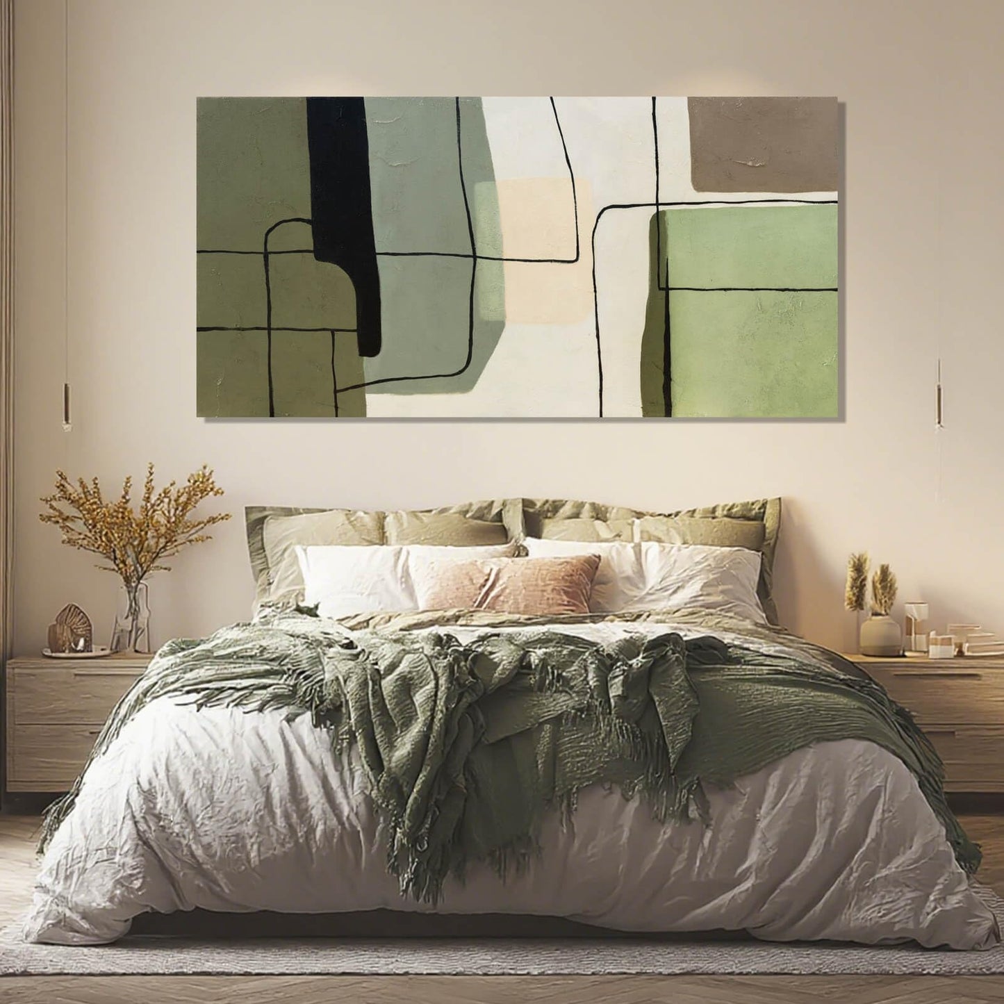 Framed Green Abstract Wall Art and White Modern Wall Decor, Modern Canvas Prints for Living Room, Bedroom, or Office, 24" x 48"