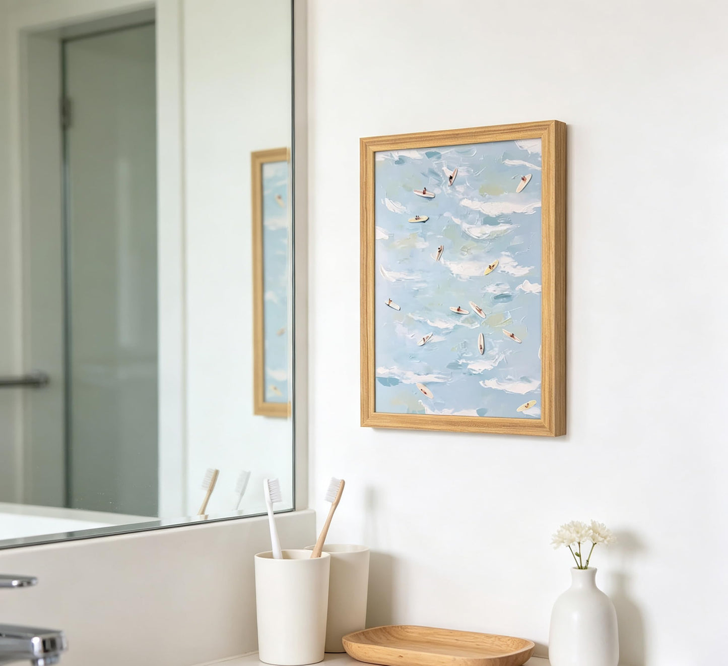Ocean Bathroom Framed Canvas Wall Art Fashion Beachy coastal Painting Picture Wall Decor Summer Surfer Sports Wave Poster Print Artwork for Restroom Girl Room Home Decoration