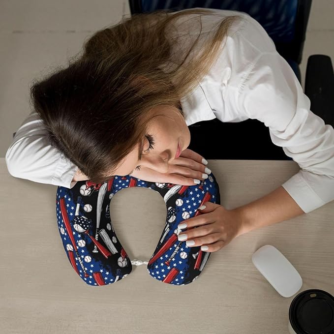 Neck Travel Pillow, Breathable Memory Foam Chin & Head Support Cushion Patriotic USA Retro American Flag Baseball Print Art for Airplane Car Sleeping Rest