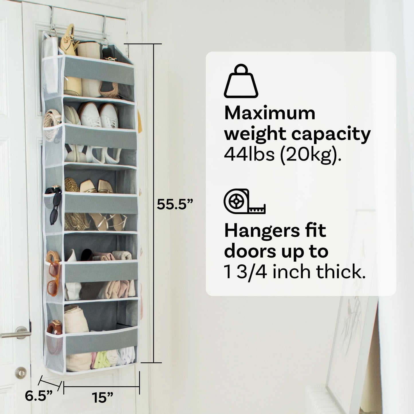 OOH SO Tidy Over Door Organizer - 5-Tier Hanging Organizer with 5 Large Pockets & 10 Mesh Pockets - Ideal for Craft Room, Nursery, Kids Room, Dorm Storage & Shoe Organization (Grey, 15 x 55.5 x 6.5”)