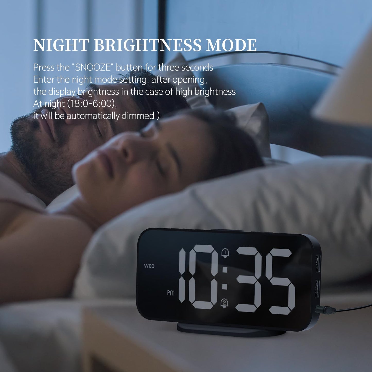 SMOUPING Digital Alarm Clock for Bedroom,6.7" LED Clock Mirror Surface with 2 USB Charger Port,Adjustable Brightness,Dual Alarm,Snooze,12/24H/Large Display Clock for Room Decor(Black)