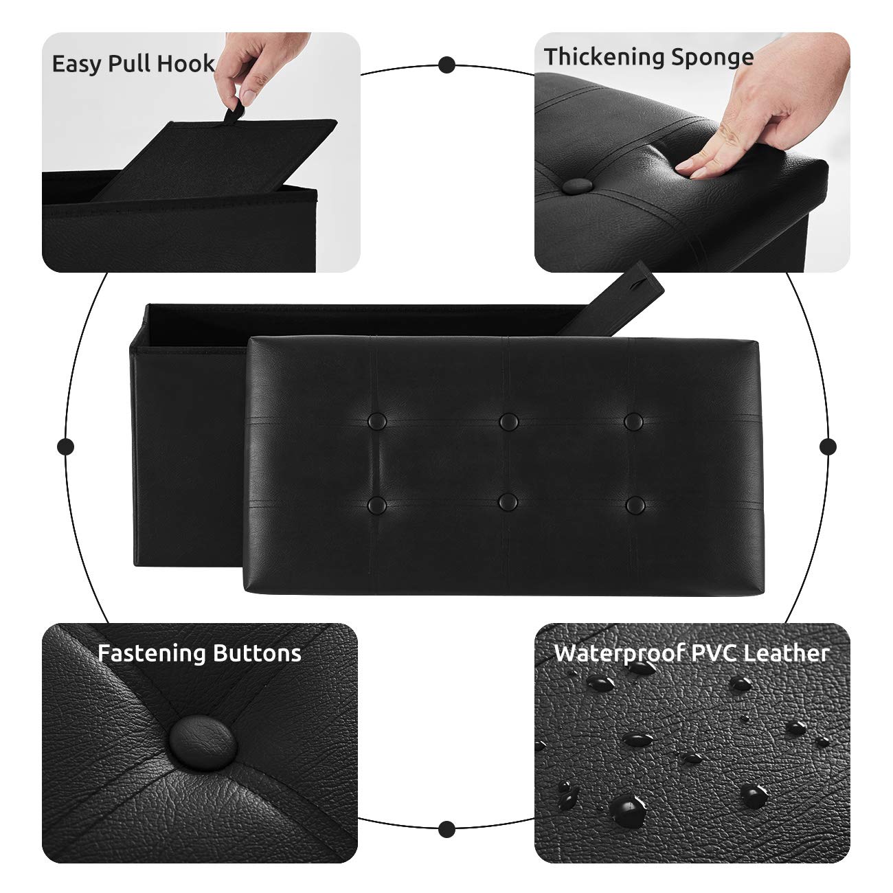 YOUDENOVA Folding Storage Ottoman, Faux Leather Ottoman Bench Footrest Ottoman, Storage Chest Padded Seat for Bedroom and Living Room, Black, 15" D x 30" W x 15" H