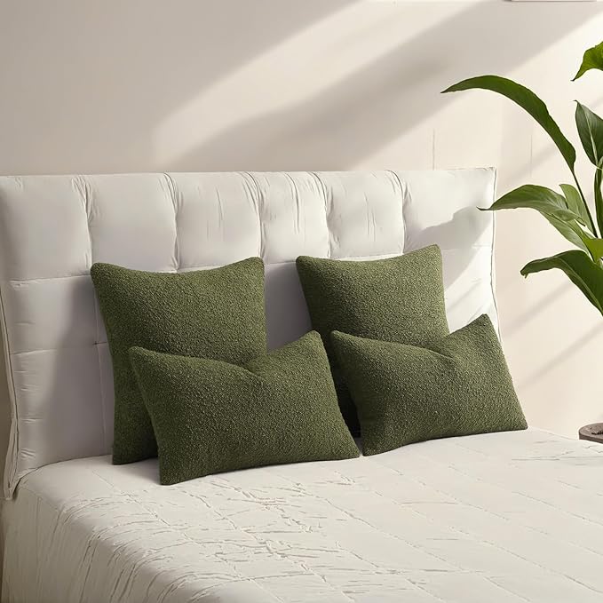 HAUSSY Set of 2 12x20 Decorative Throw Pillow Covers, Soft Cozy Textured Boucle Lumbar Pillow Cases, Home Decor for Couch Bed Living Room, Moss Green