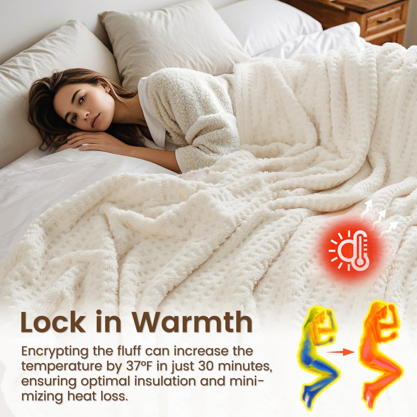 David's Home Ultra Soft Fleece Blanket Queen Size for Bed, Plush Shaggy Fluffy 3D Jacquard Waffle Throw for Couch, Warm Lightweight for Fall Winter,Fuzzy Aesthetic Room Decor,90x90 inches,Cream