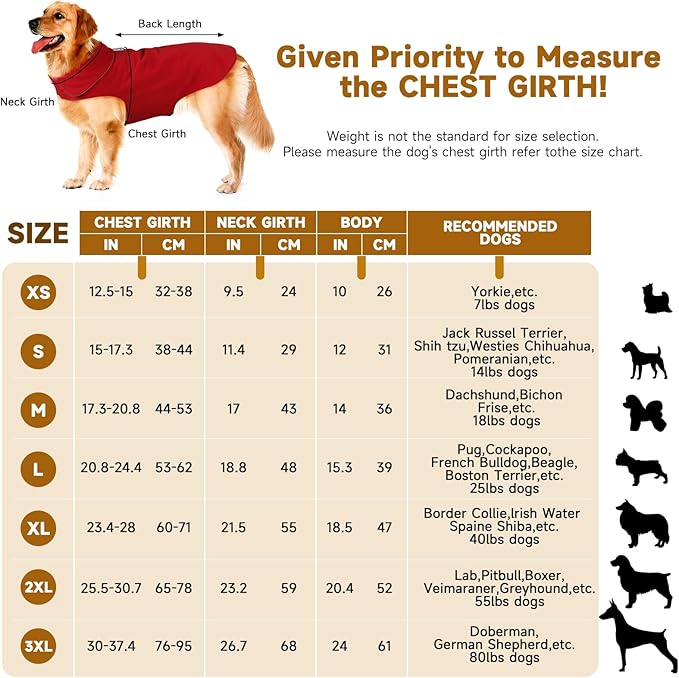 Bonawen Fleece Dog Coat Reflective Cold Weather Dog Jacket Apparel for Extra Large to Small Pets(Red,3XL)