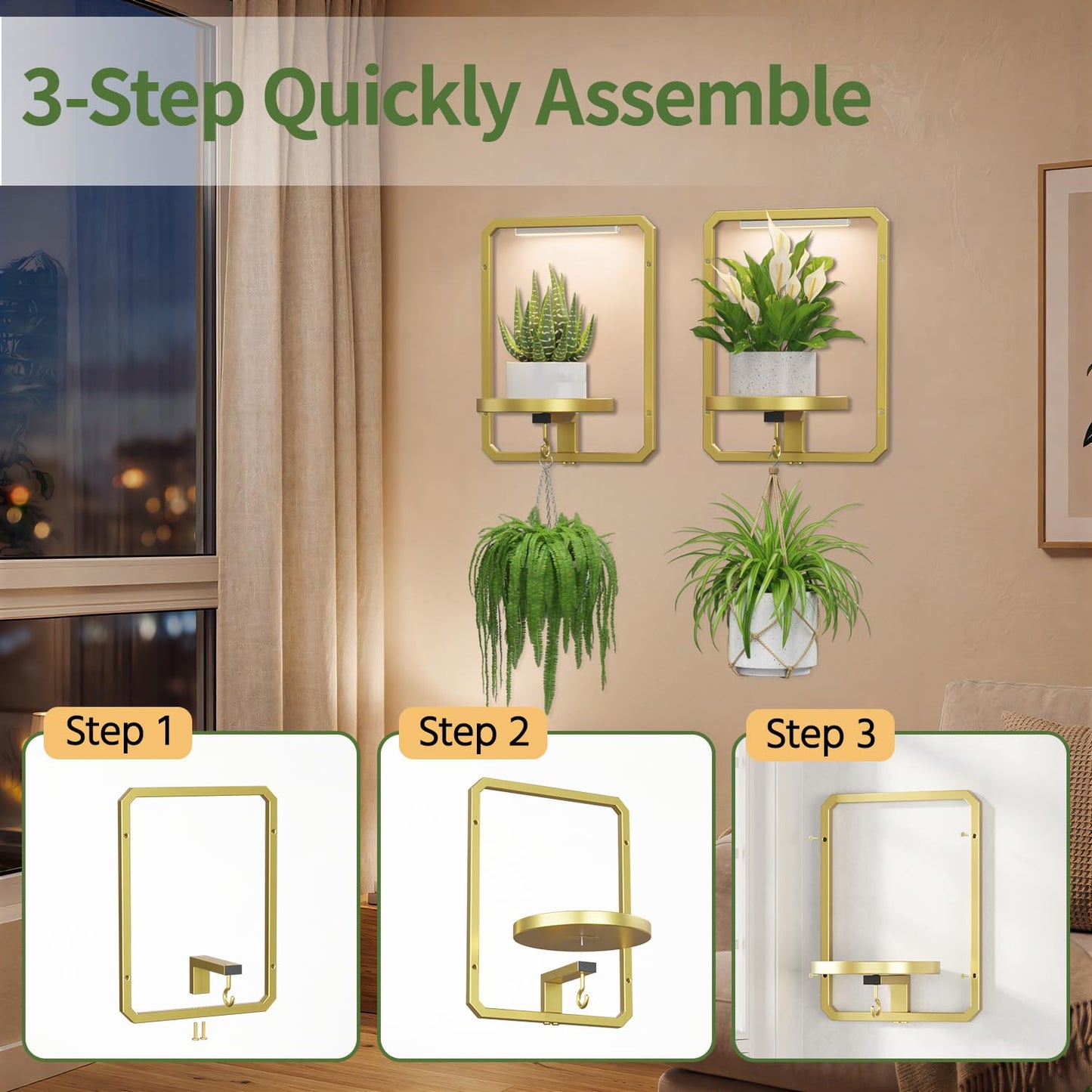 LASZOLA Plant Picture Frame Holder Wall Mount Indoor Window with 2 Grow Light, 2 Pack Modern Floating Flower Stand Shelf with Hooks, Metal Hanger Display Decor for Living Room, Gold
