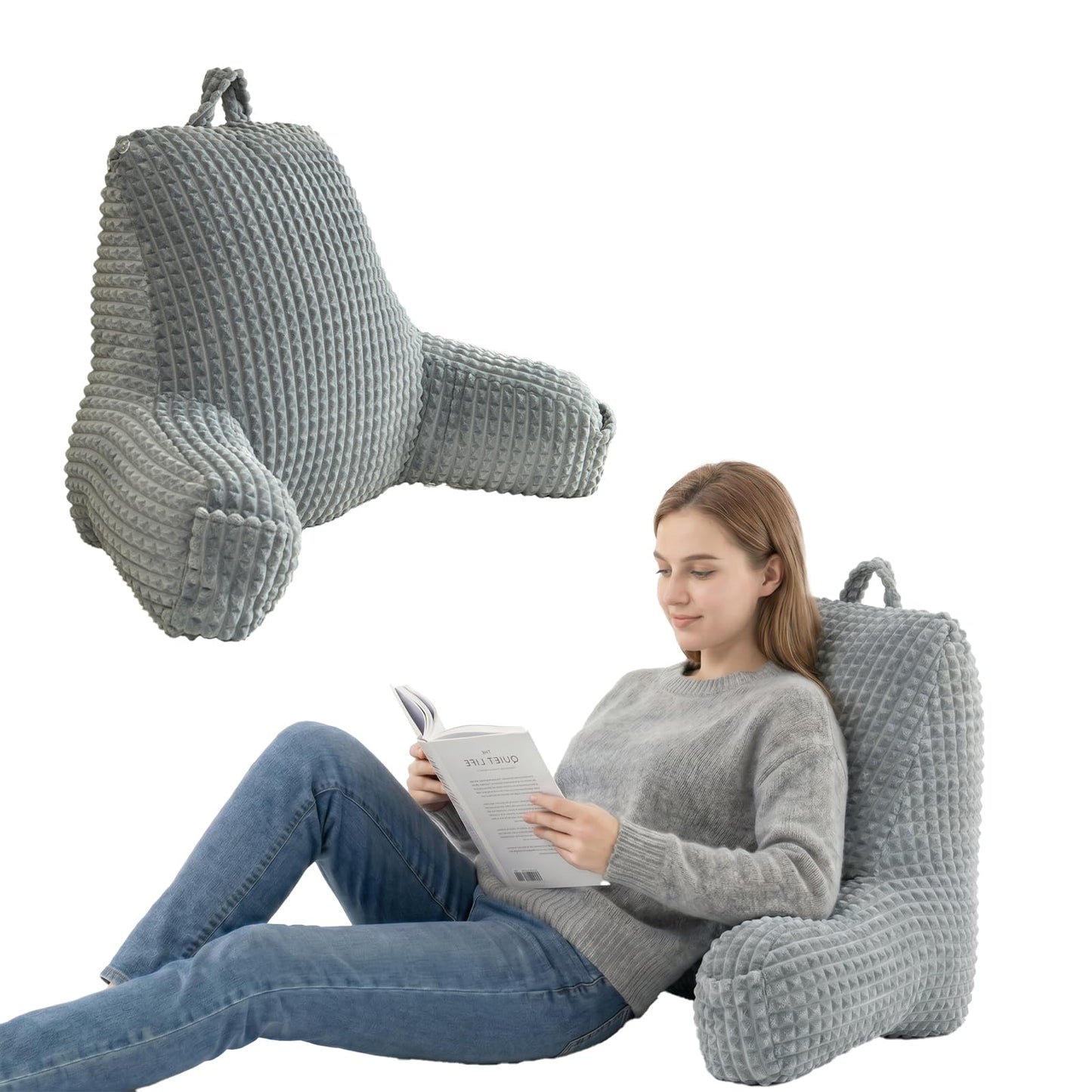 Wervity Sit Up Pillow for Reading Nook,Oeko-TEX Certified Odorless Flannel Backrest Pillow with Arms,17'' Tall Cozy Snuggle Back Rest for Teens,Compact Back Support,Size-M,Gray