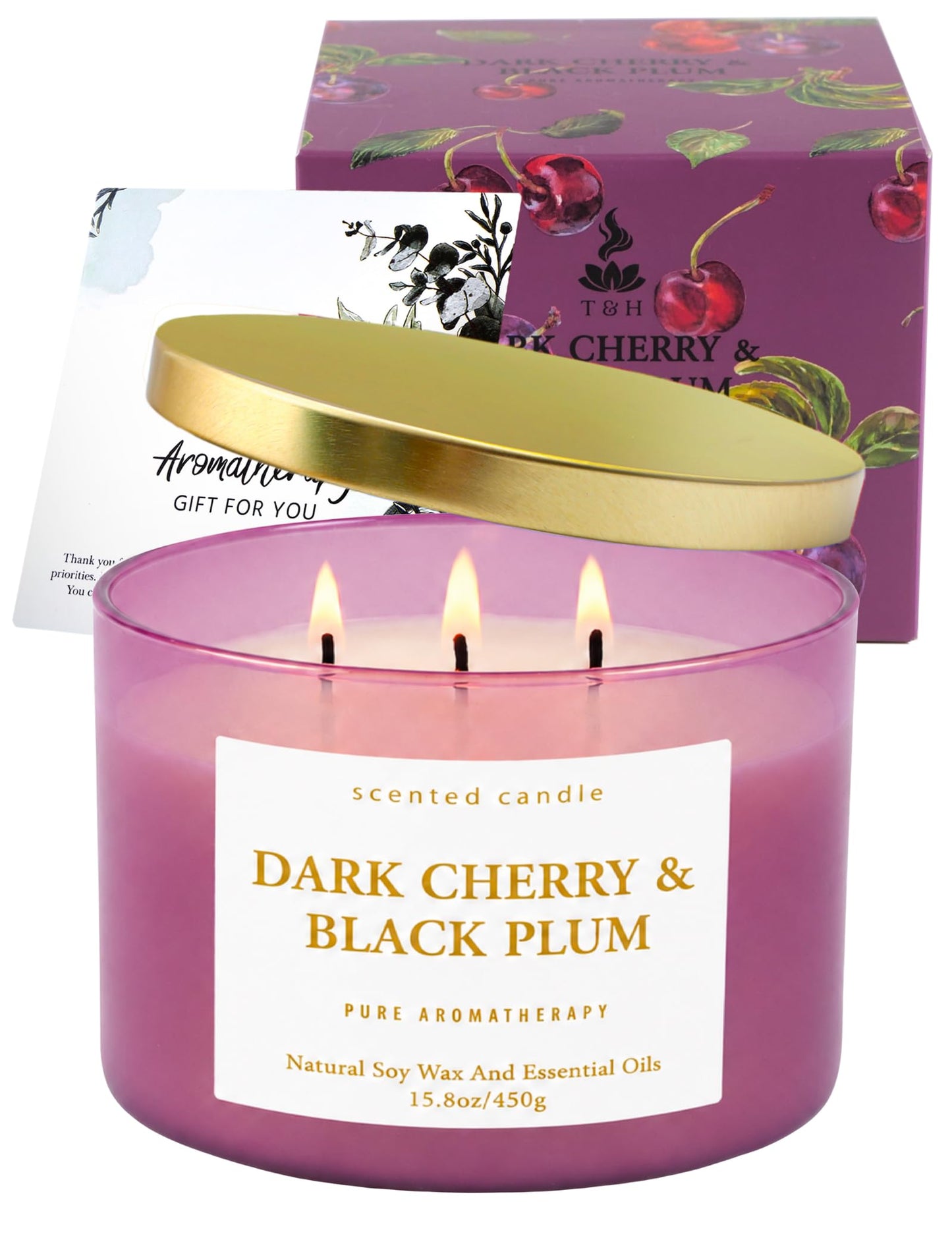 Dark Cherry Black Plum 3-Wick Soy Candle, 15.8 oz Scented Candle for Home