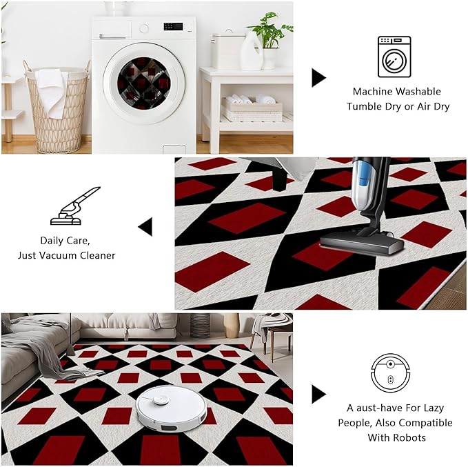 Plaid Rug 4x5, Vintage Geometric Soft Ultra Soft Faux Wool Low Pile Rug, Indoor Floor Mats Carpet, Non-Slip Stain Resistant Washable Rugs, Modern Red Rugs for Living Room Home Office Decor