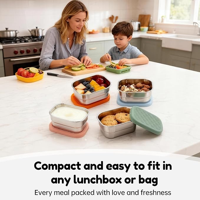 Fevbcnrj 4 Pack Stainless Steel Snack Containers, 8 oz Chip Container for Lunch Box, Easy Open No Leakage, Small Snack Containers with Silicone Lid, Stackable Metal Lunch Box for Outdoor and Travel