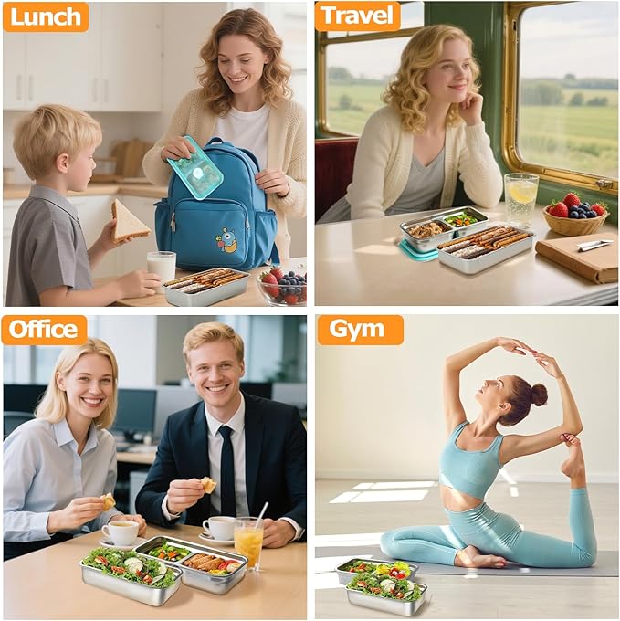 vovoyager Stainless Steel Snack Containers with Lids, Reusable Bento Lunch Container Box, Food Storage, Leak Proof, Dishwasher-Safe, Grab and Go for Work, 1 Single + 1 Double Compartment